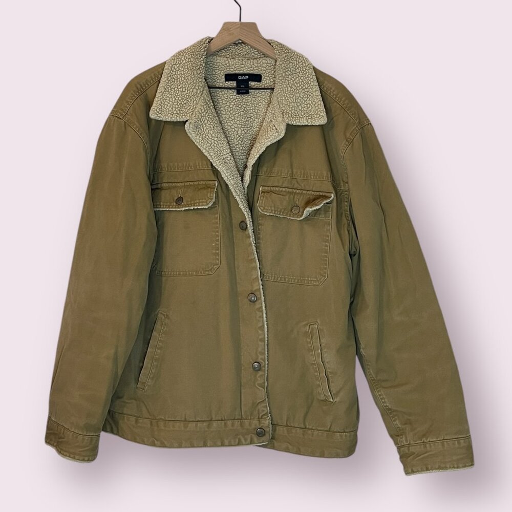 GAP Men's Militaly Jacket Streetwear Tan Button Sherpa Fleece Lined Size XXL